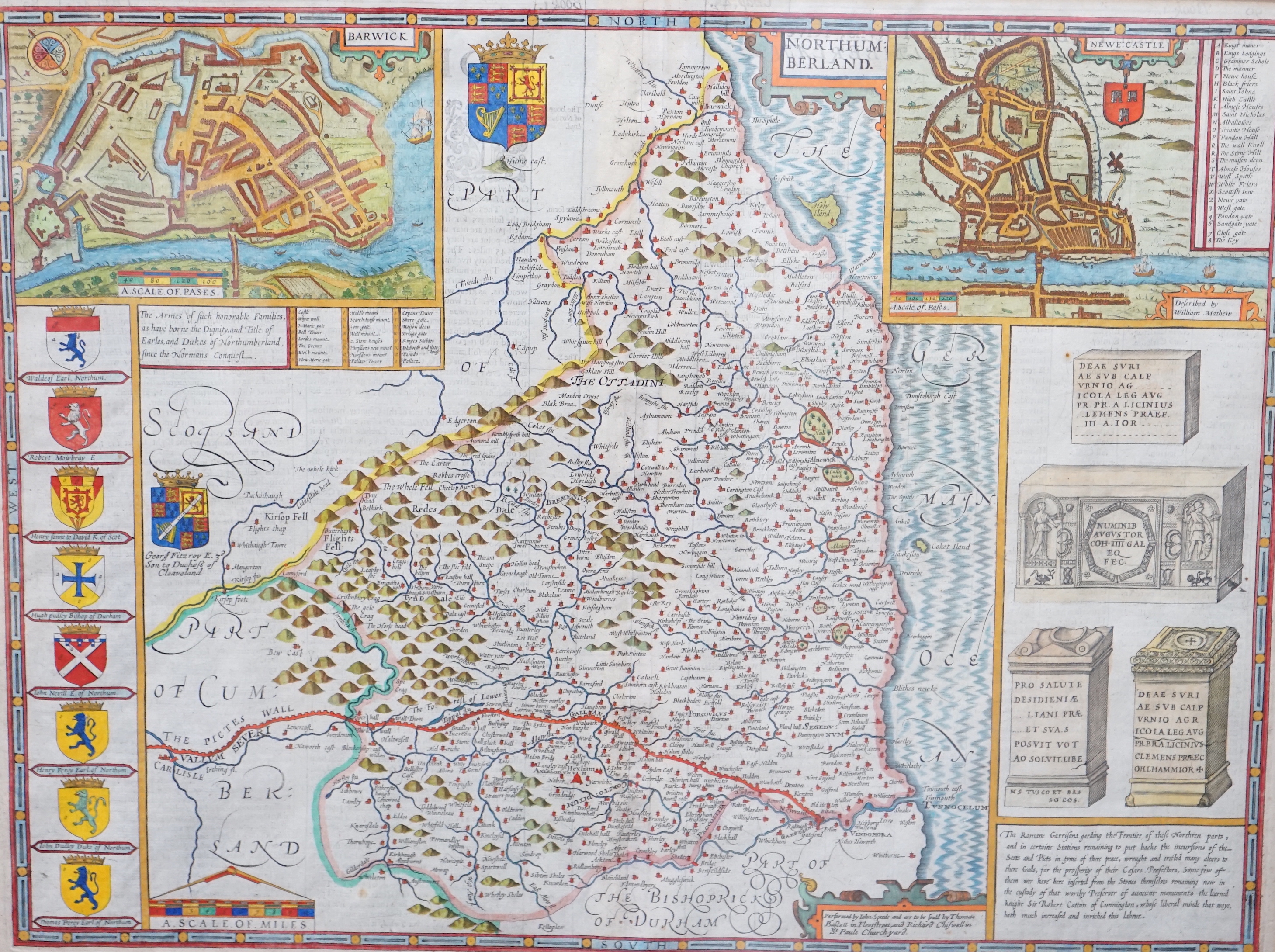 John Speed (1552-1629) hand-coloured engraved map of Northumberland, sold by Thomas Basset and Richard Chiswell, text verso, 39 x 63cm